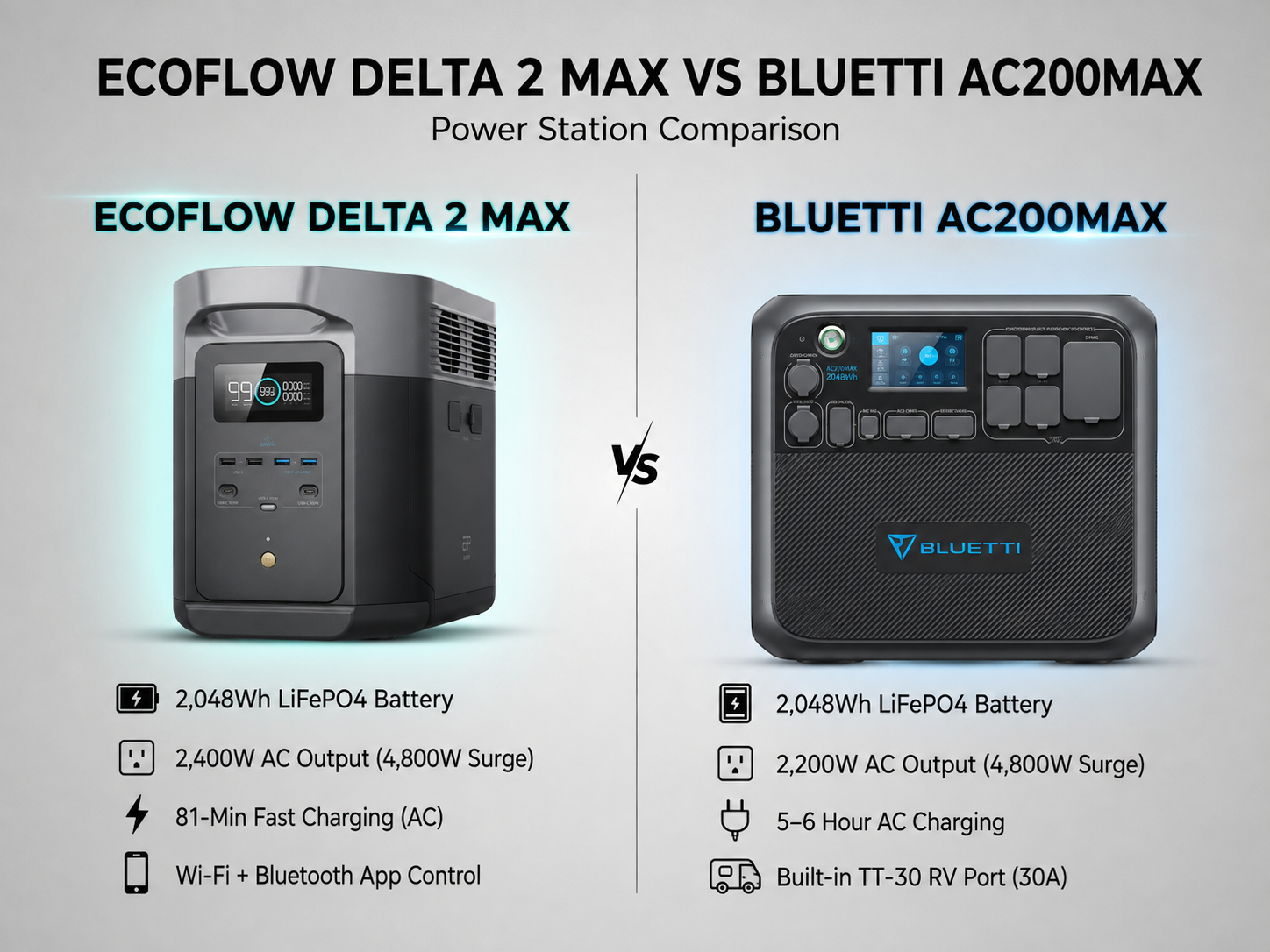 Side-by-side spec comparison of the EcoFlow Delta 2 Max vs Bluetti AC200MAX portable power stations for RVs