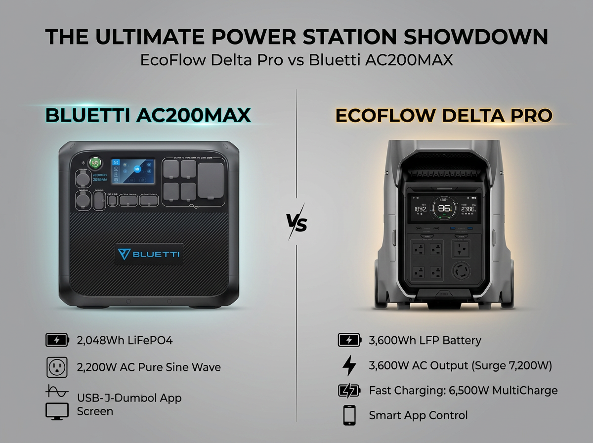 Side-by-side comparison of EcoFlow Delta Pro vs Bluetti AC200MAX portable power stations for RV camping